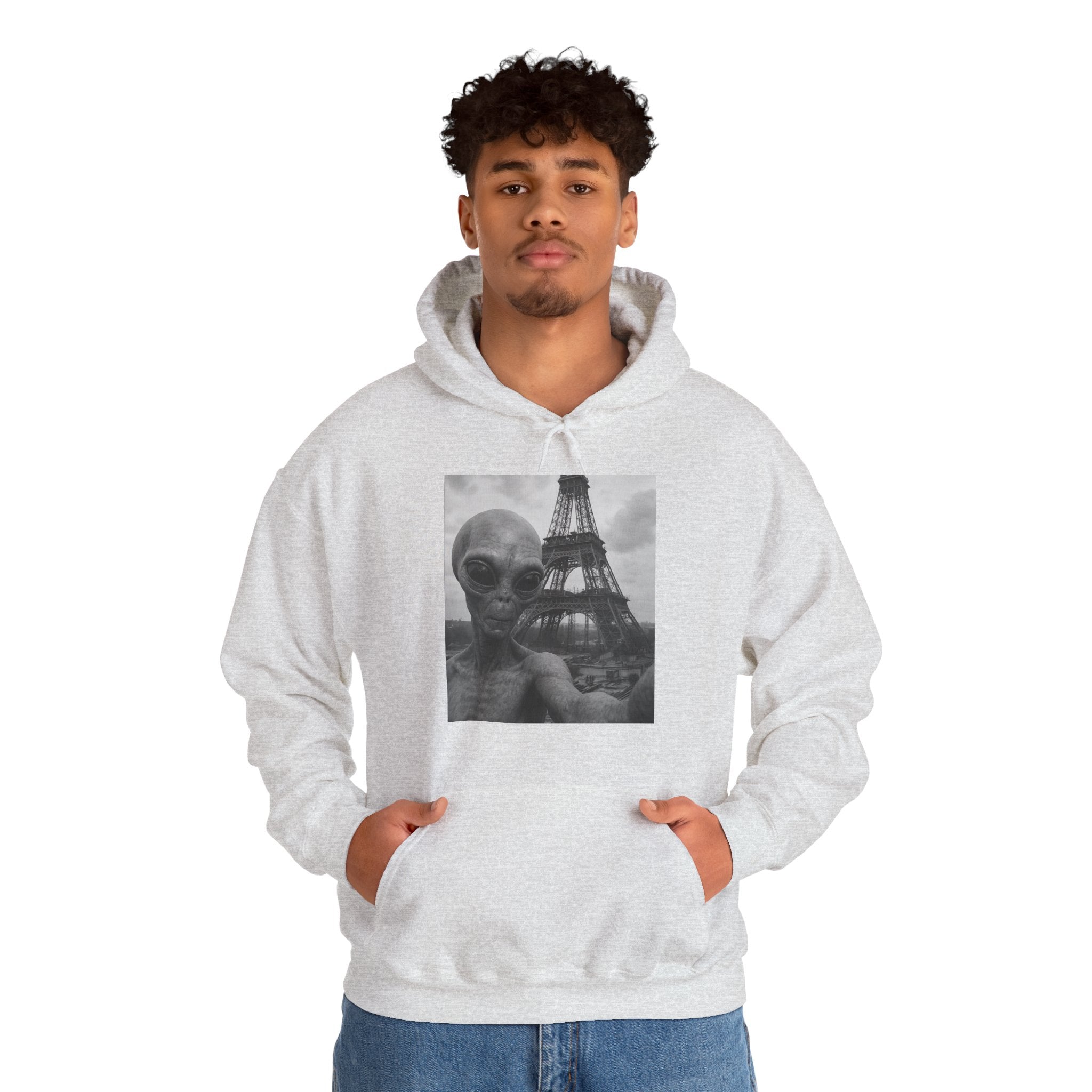 Viringee Alien Paris Selfie Unisex Heavy Blend Hoodie featuring futuristic streetwear design