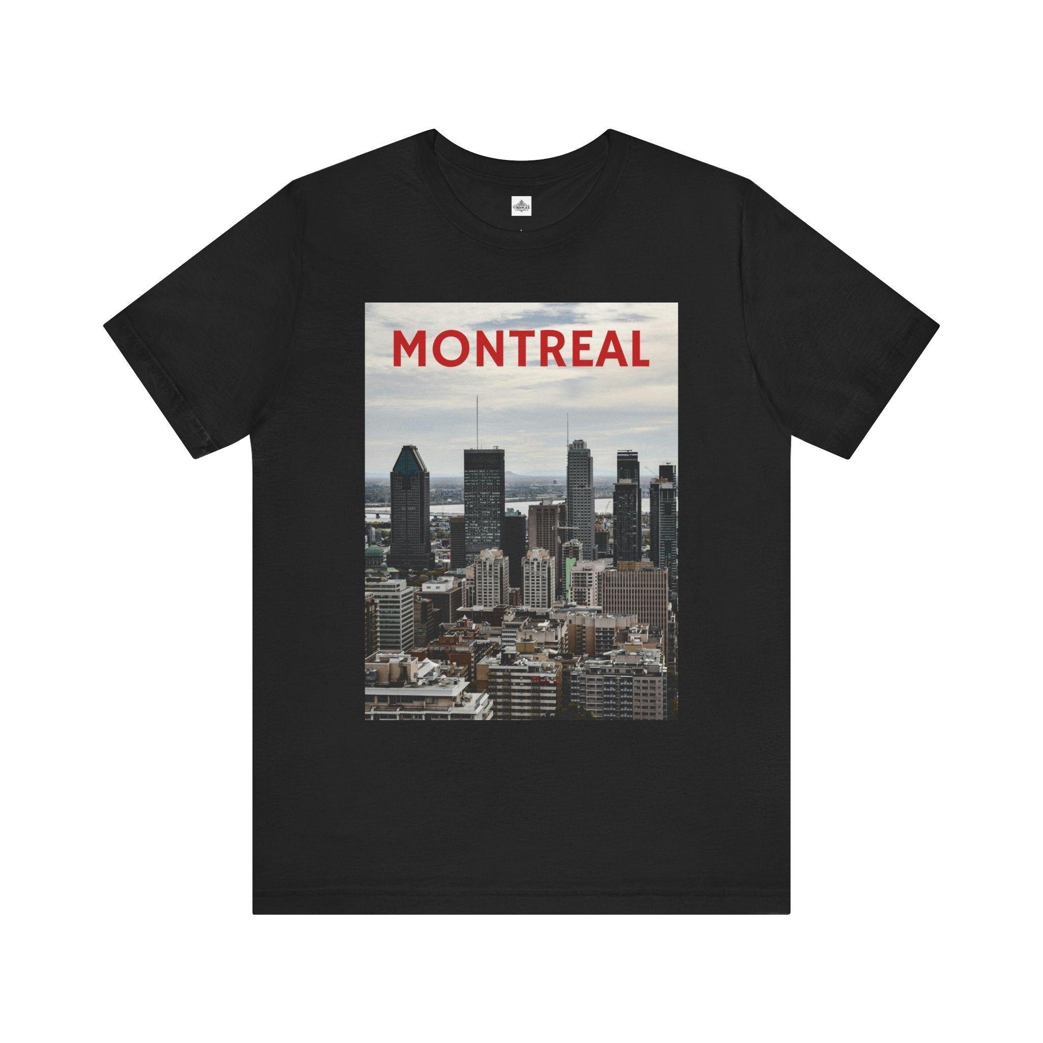 Black t-shirt with Montreal cityscape graphic and text on a white background