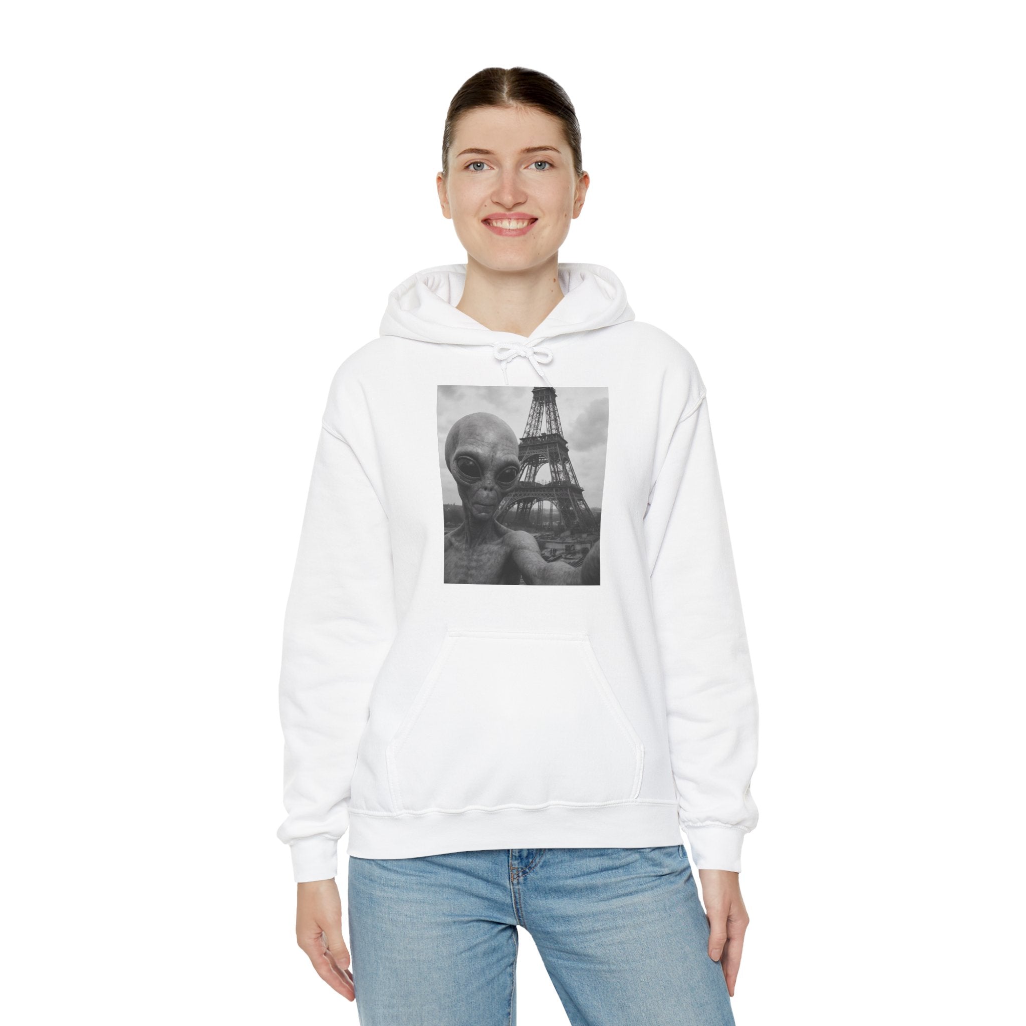 Viringee Alien Paris Selfie Unisex Heavy Blend Hoodie featuring futuristic streetwear design