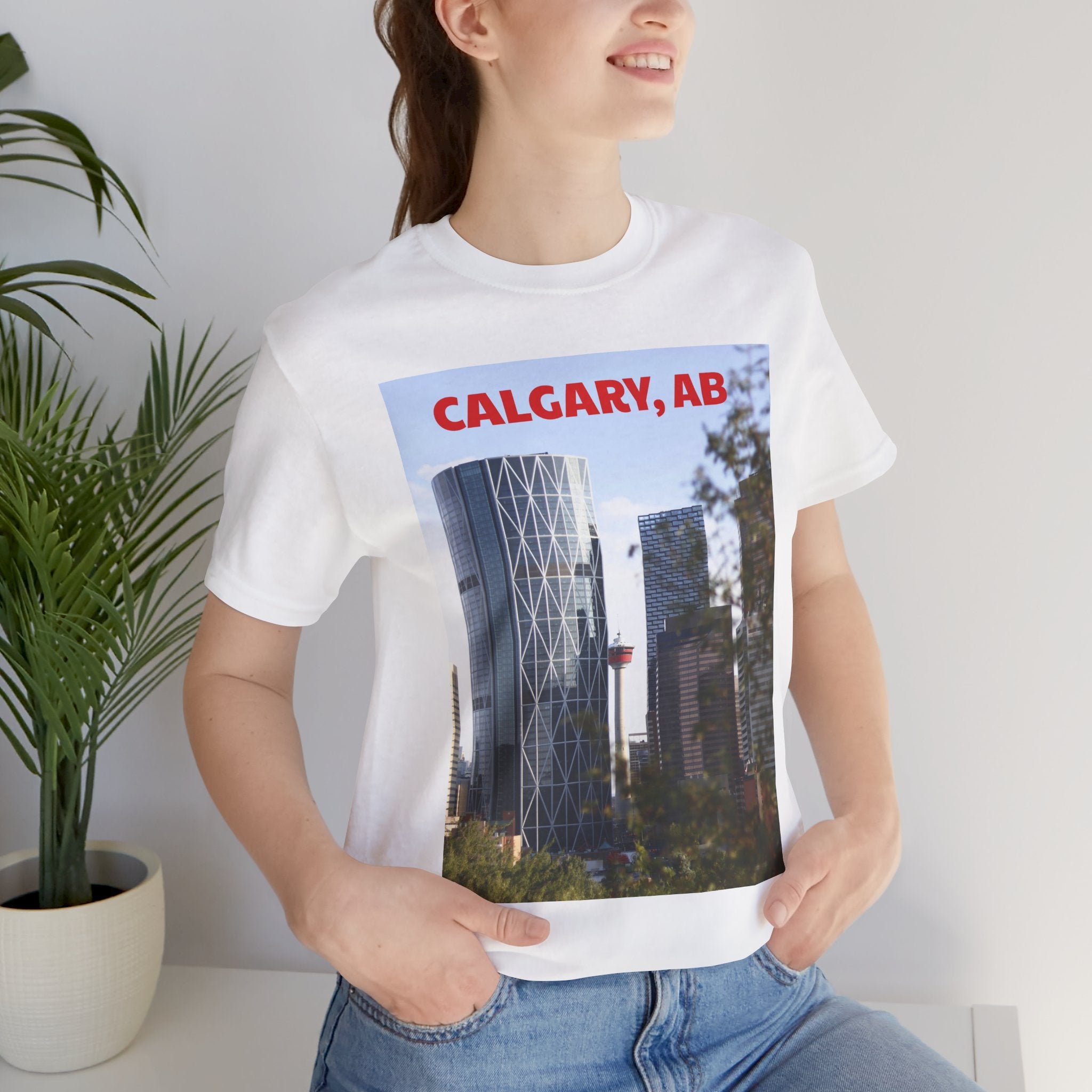 Viringee Peeking Calgary Tower AB T-shirt, unisex jersey short sleeve