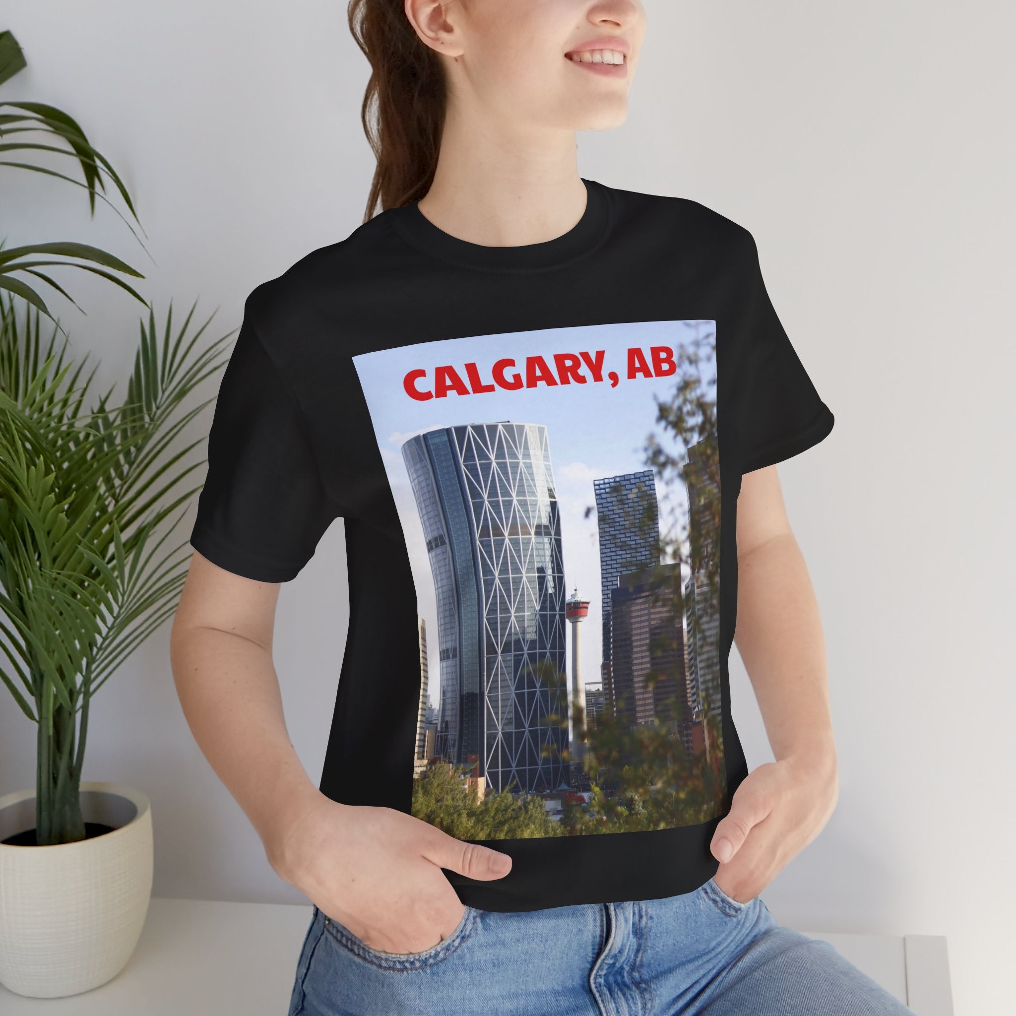 Viringee Peeking Calgary Tower AB T-shirt, unisex jersey short sleeve