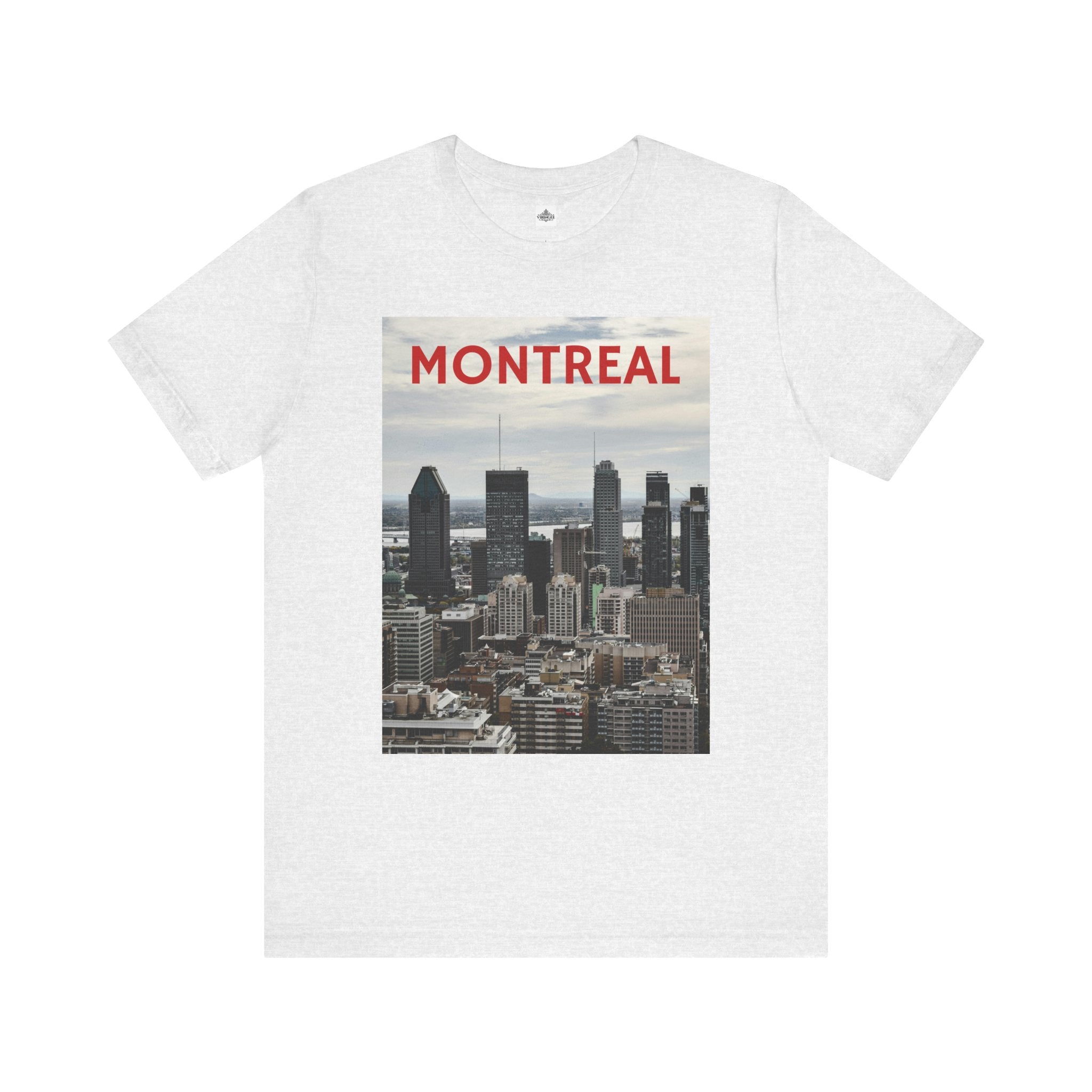 White t-shirt with Montreal skyline graphic and red text on a white background