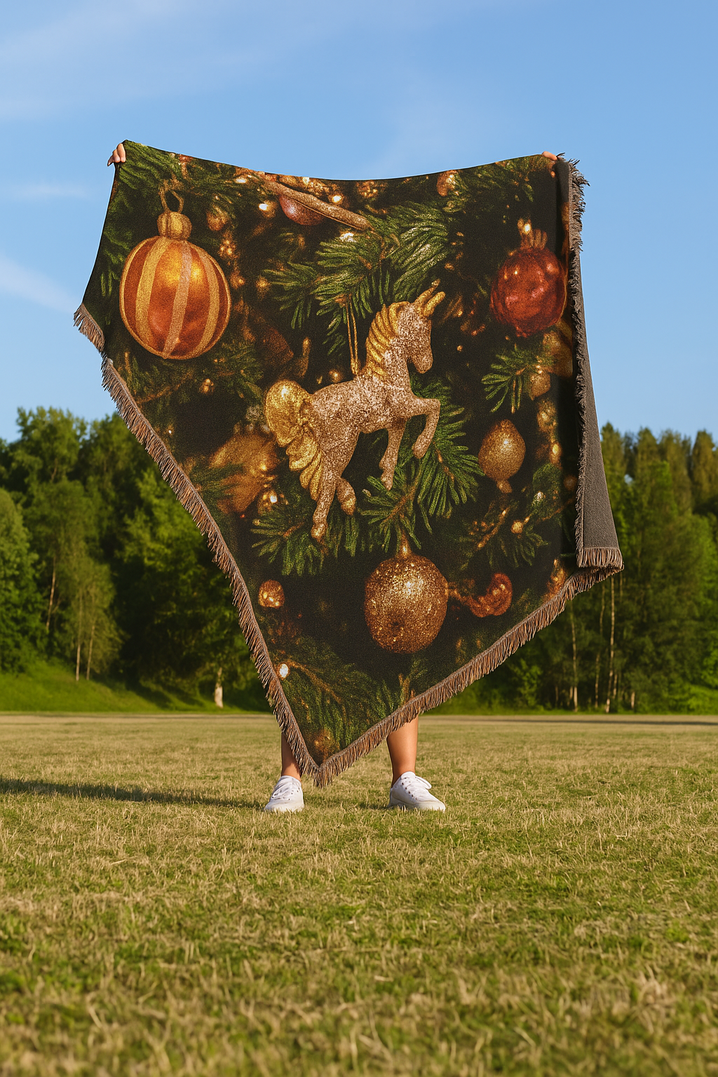 Viringee Christmas Unicorn Ornament Holiday Woven Blanket