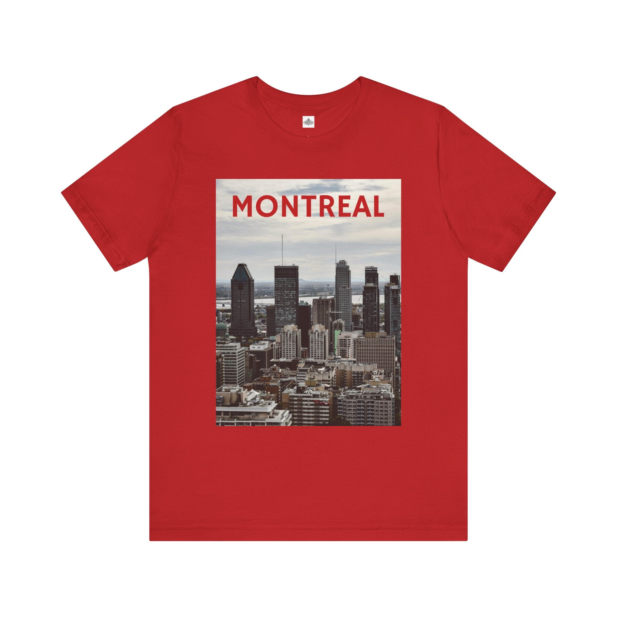 Red t-shirt with Montreal skyline graphic on a white background