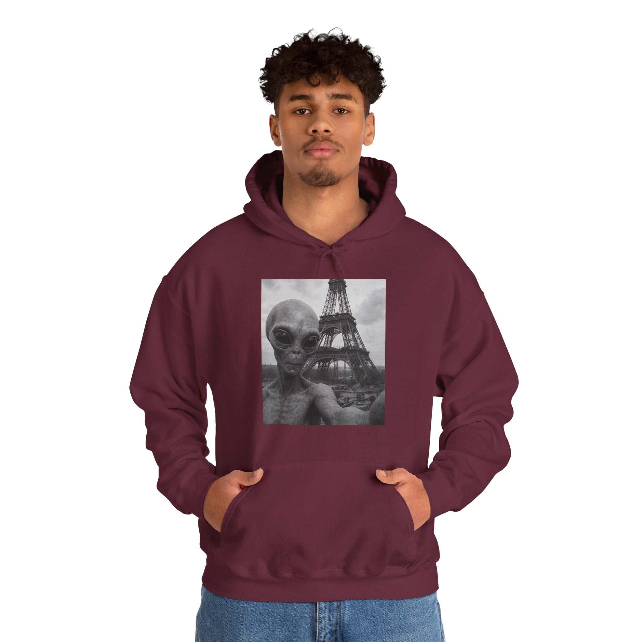 Viringee Alien Paris Selfie Unisex Heavy Blend Hoodie featuring futuristic streetwear design