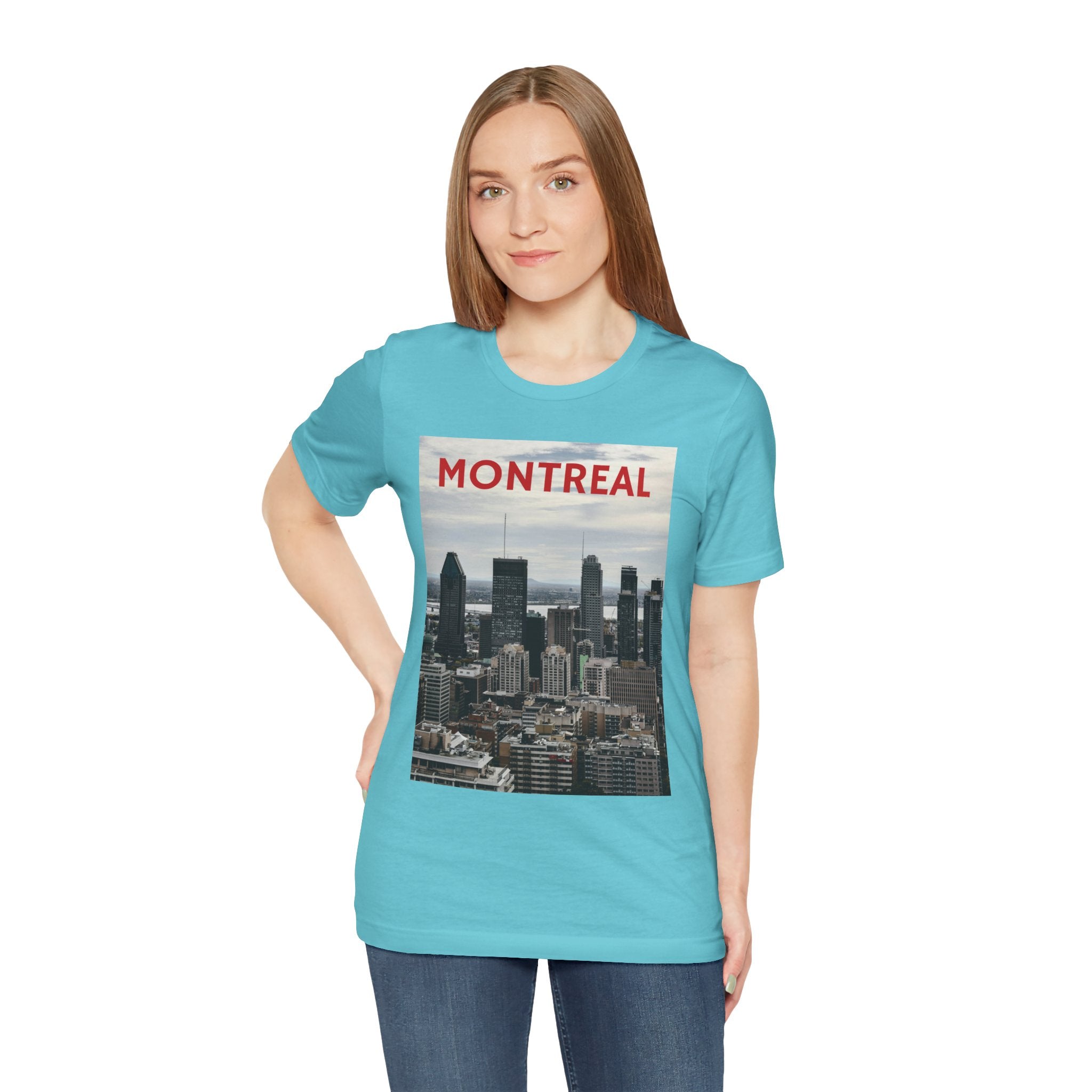 Woman wearing a blue t-shirt with Montreal skyline design
