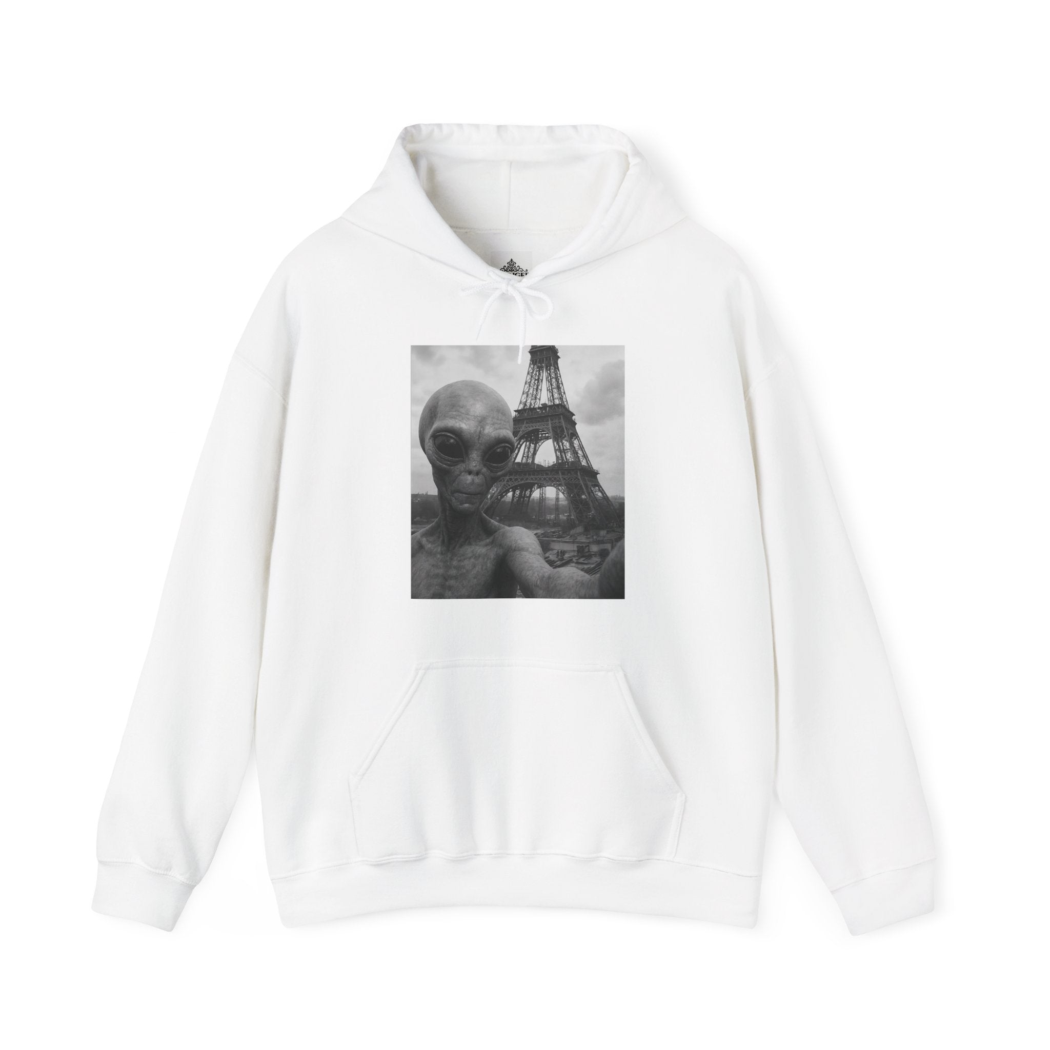 Viringee Alien Paris Selfie Unisex Heavy Blend Hoodie featuring futuristic streetwear design