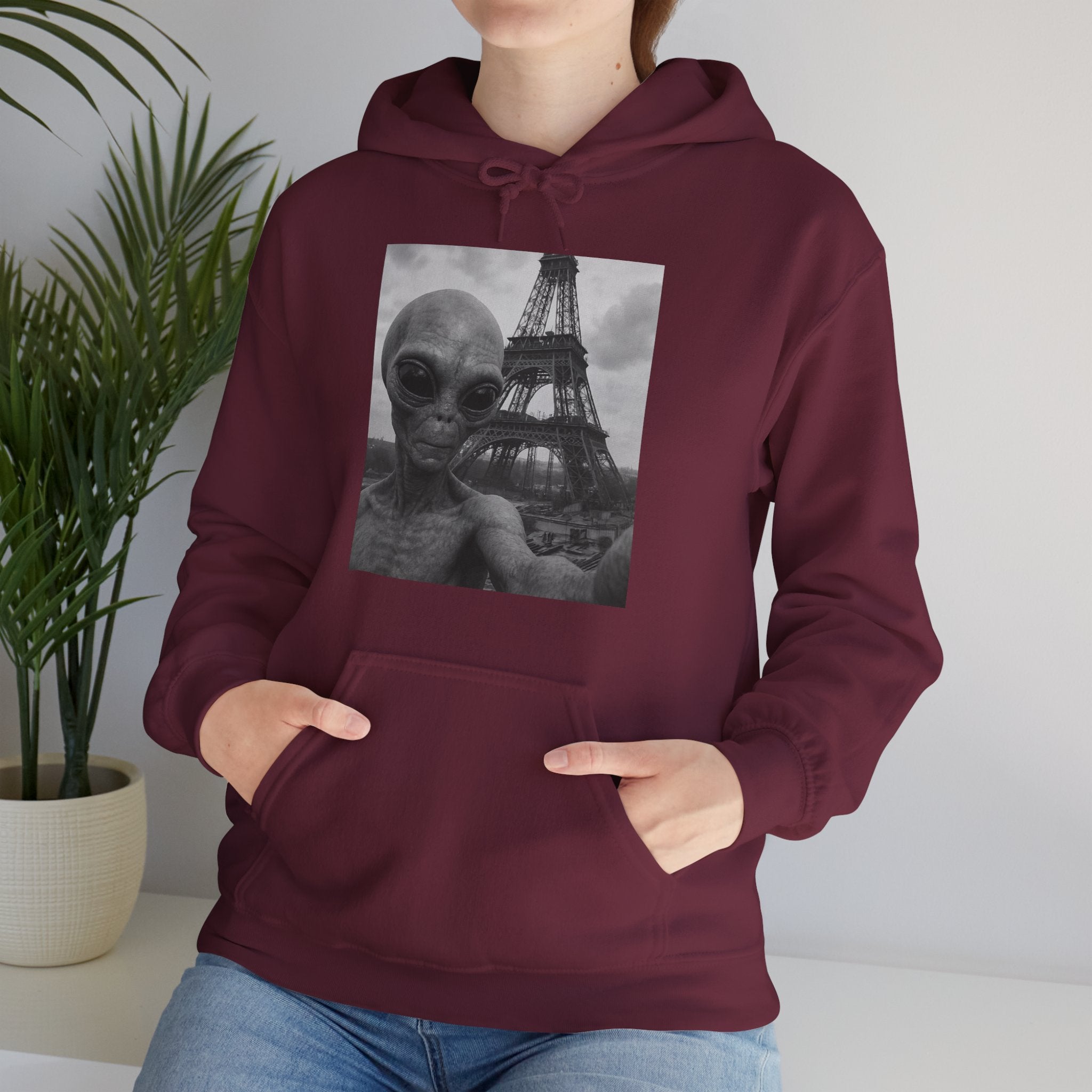 Viringee Alien Paris Selfie Unisex Heavy Blend Hoodie featuring futuristic streetwear design