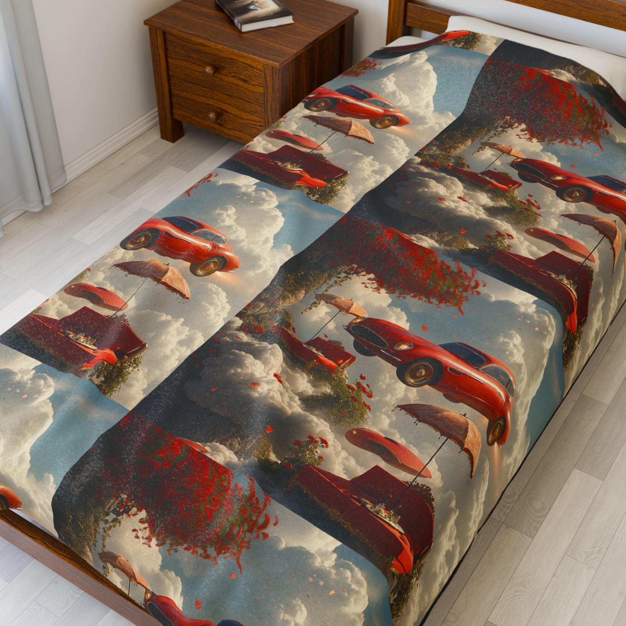 Viringee Red Car in Clouds Velveteen Plush Blanket