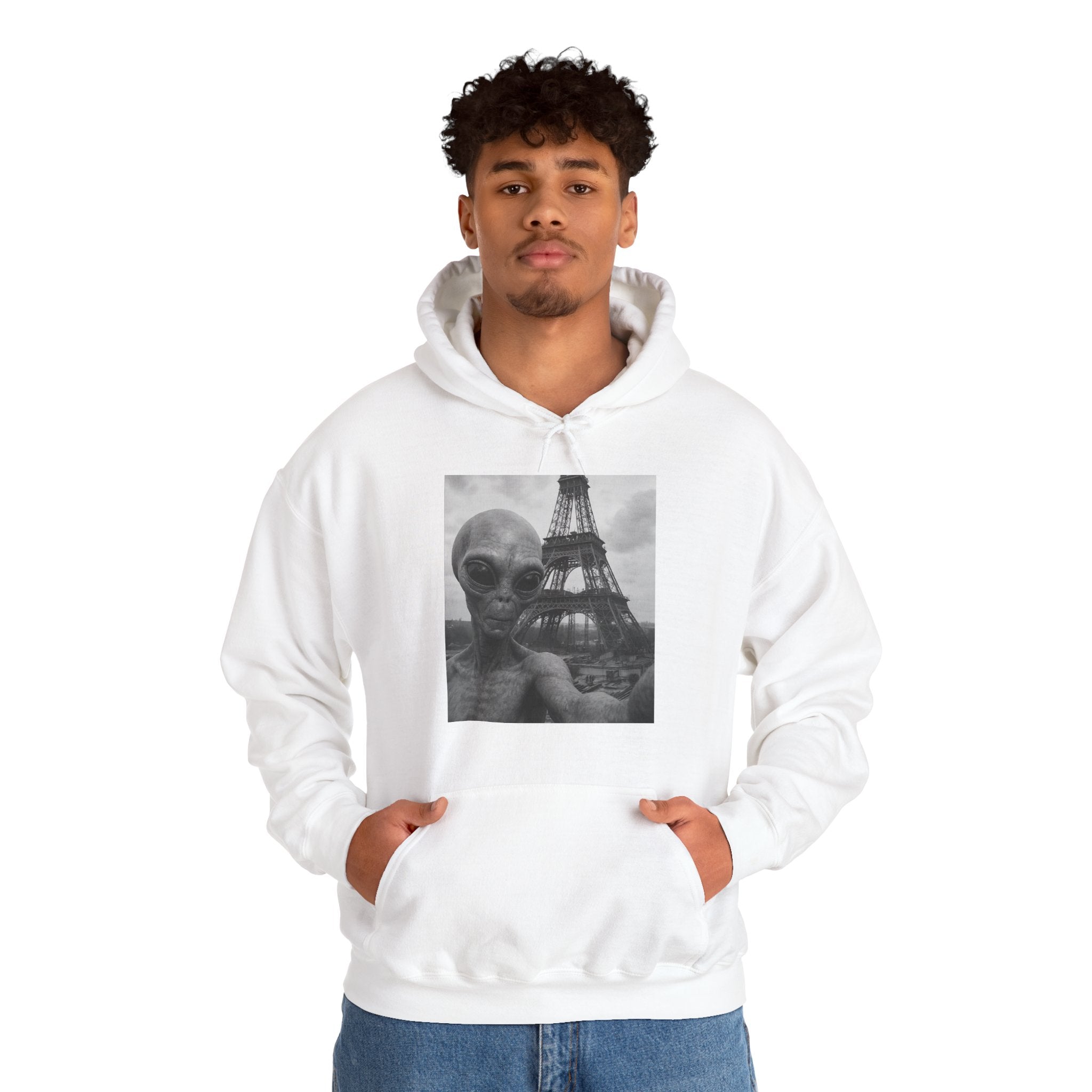 Viringee Alien Paris Selfie Unisex Heavy Blend Hoodie featuring futuristic streetwear design