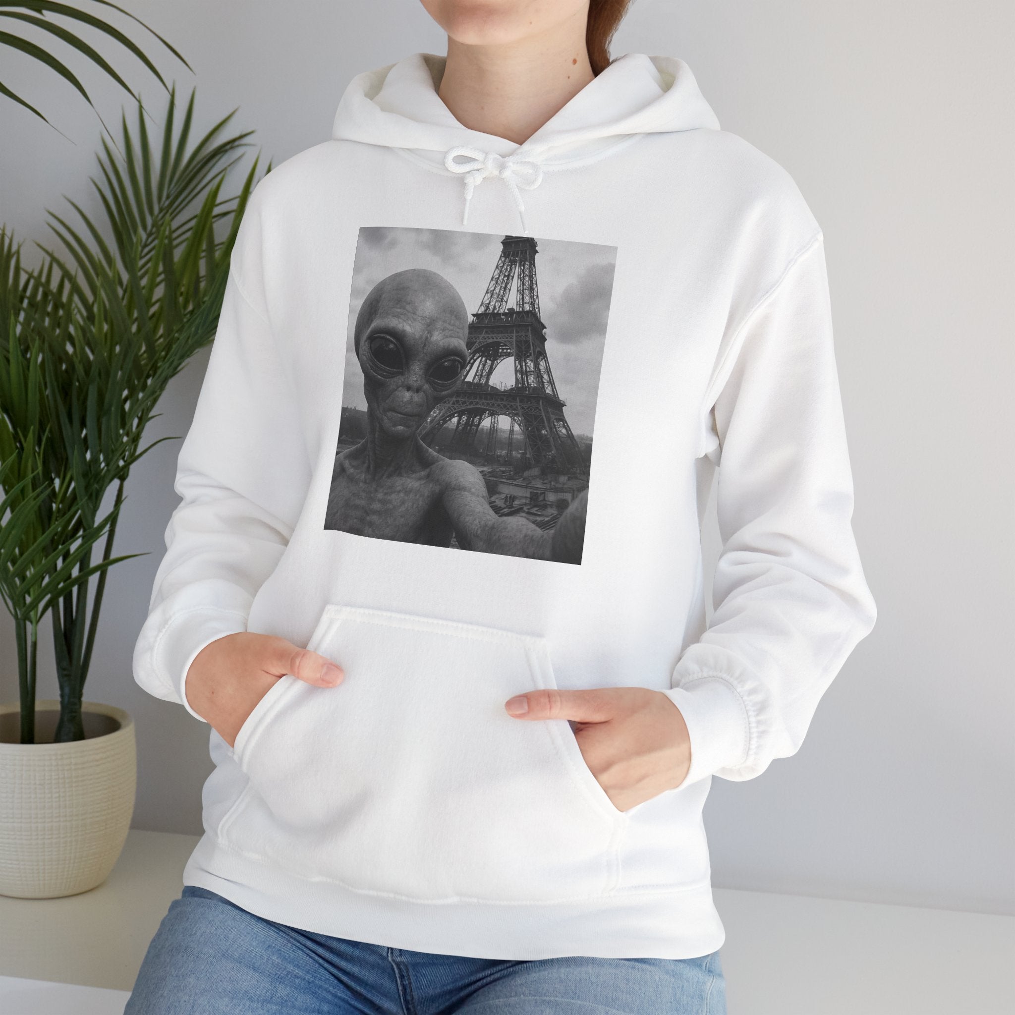 Viringee Alien Paris Selfie Unisex Heavy Blend Hoodie featuring futuristic streetwear design