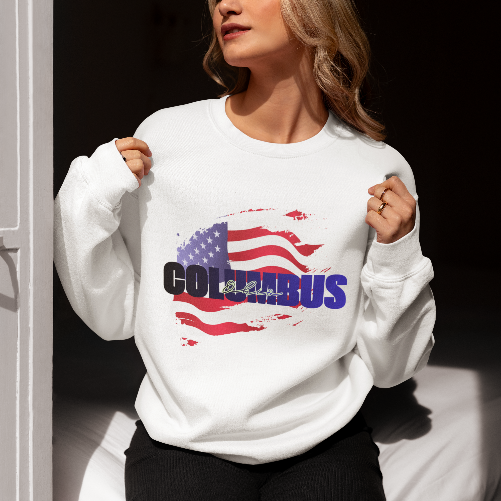 Viringee Columbus Ohio American Flag Crewneck Unisex Sweatshirt