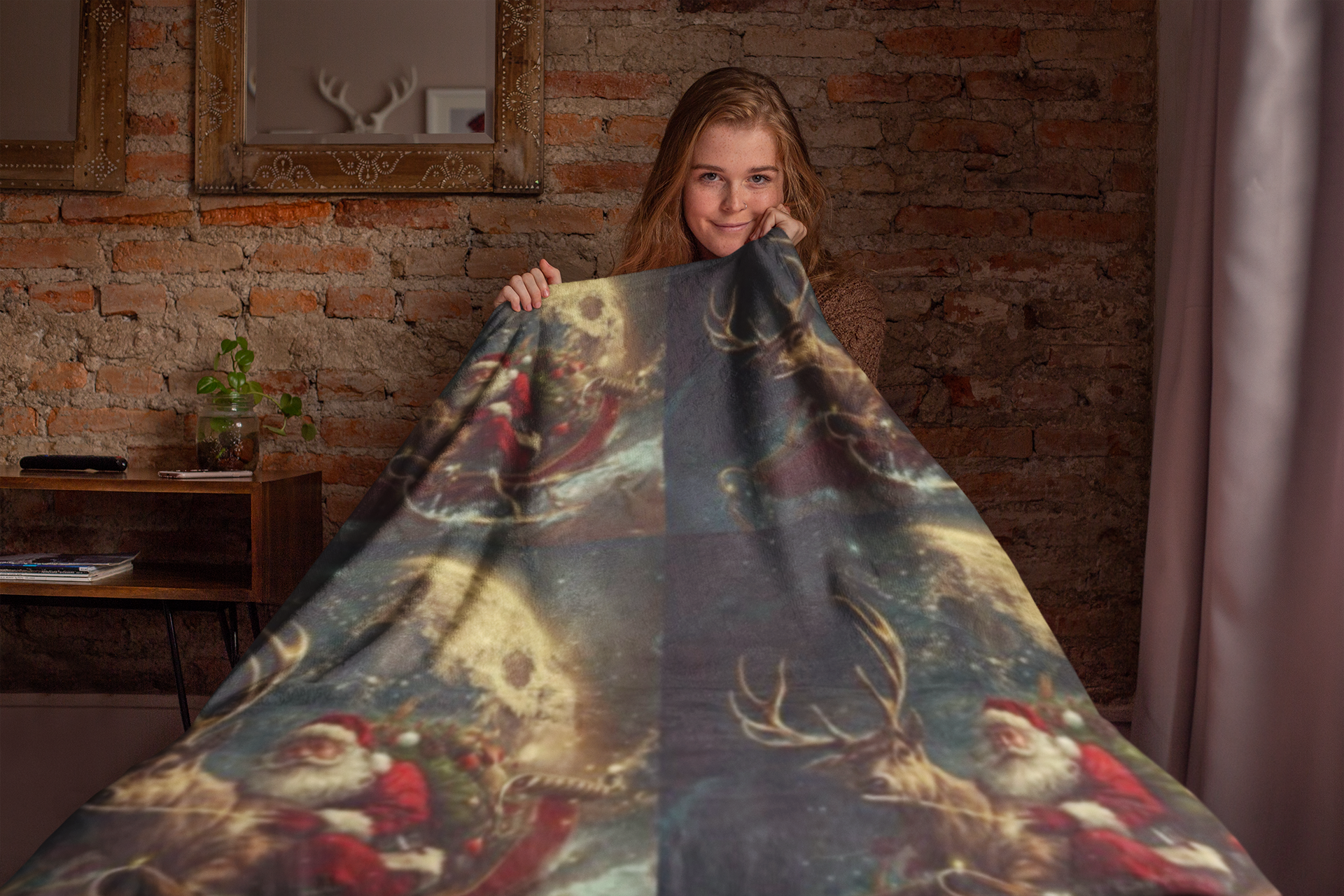 Viringee Christmas Santa and Reindeer Velveteen Plush Blanket